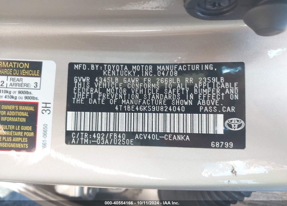 2009 TOYOTA CAMRY LE VIN: 4T1BE46K59U824040