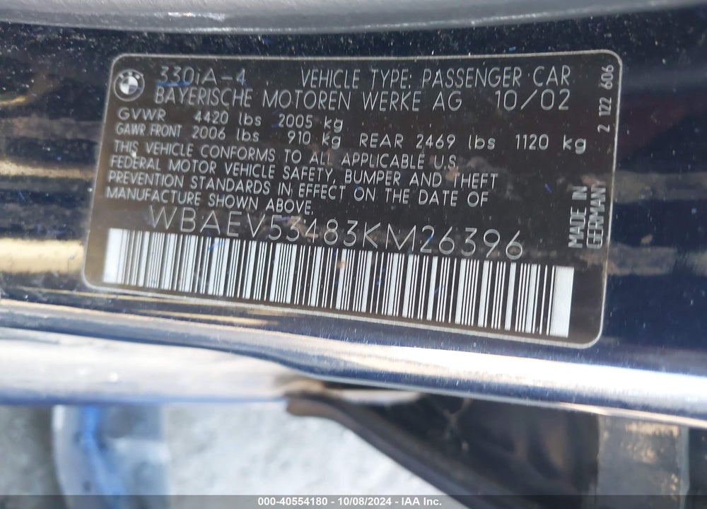 2003 BMW 330I VIN: WBAEV53483KM26396