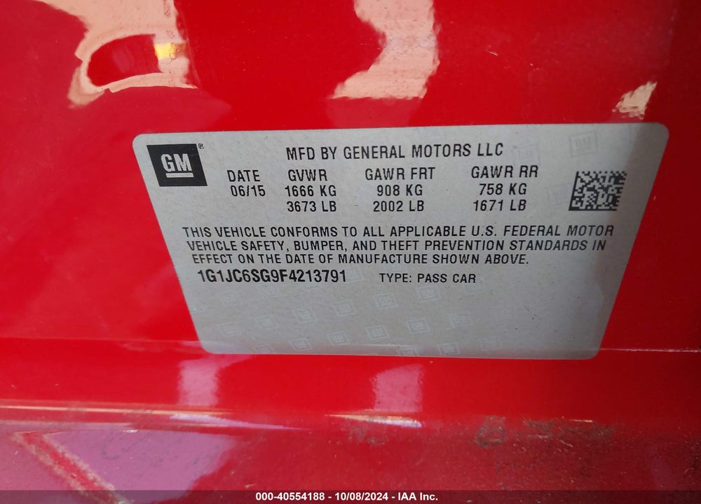 2015 CHEVROLET SONIC LT AUTO VIN: 1G1JC6SG9F4213791