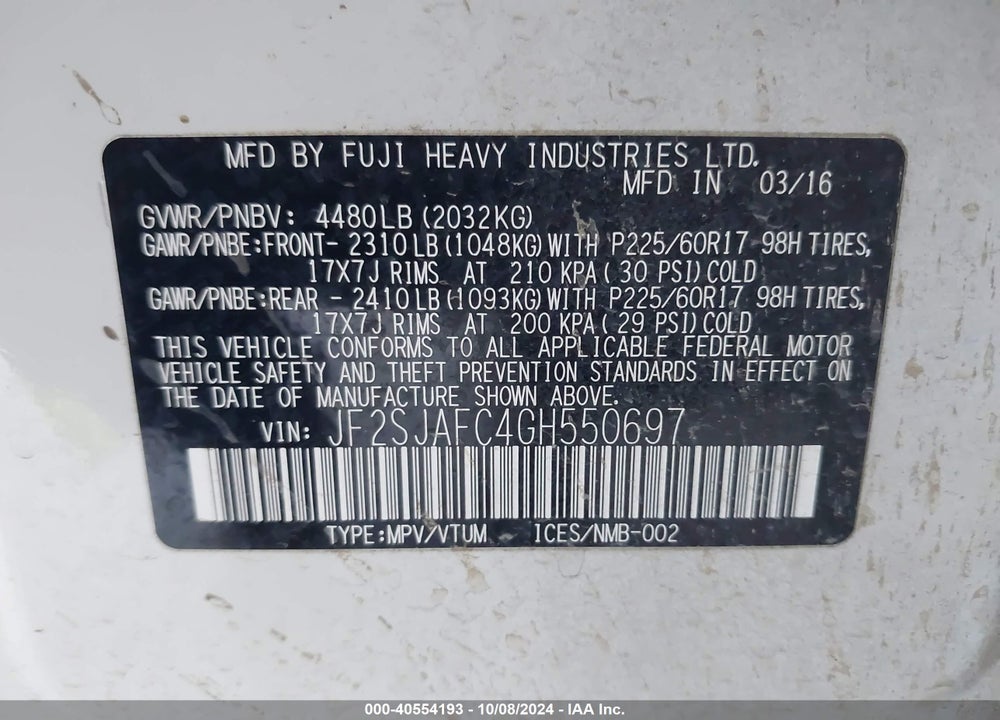 2016 SUBARU FORESTER 2.5I PREMIUM VIN: JF2SJAFC4GH550697
