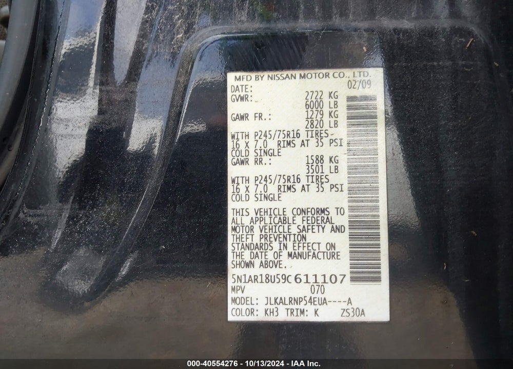 2009 NISSAN PATHFINDER S VIN: 5N1AR18U59C611107
