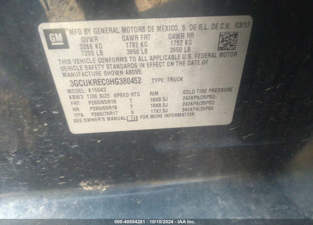 2017 CHEVROLET SILVERADO 1500 2LT VIN: 3GCUKREC0HG380452