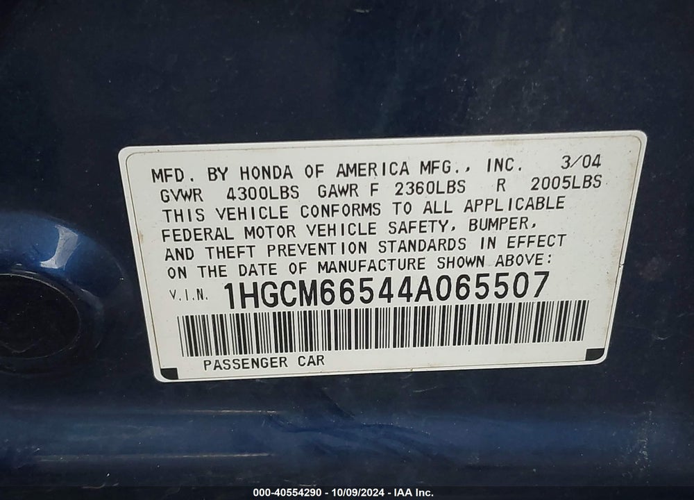 2004 HONDA ACCORD 3.0 EX VIN: 1HGCM66544A065507