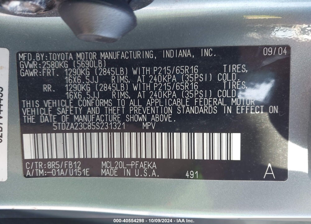 2005 TOYOTA SIENNA LE VIN: 5TDZA23C85S231321