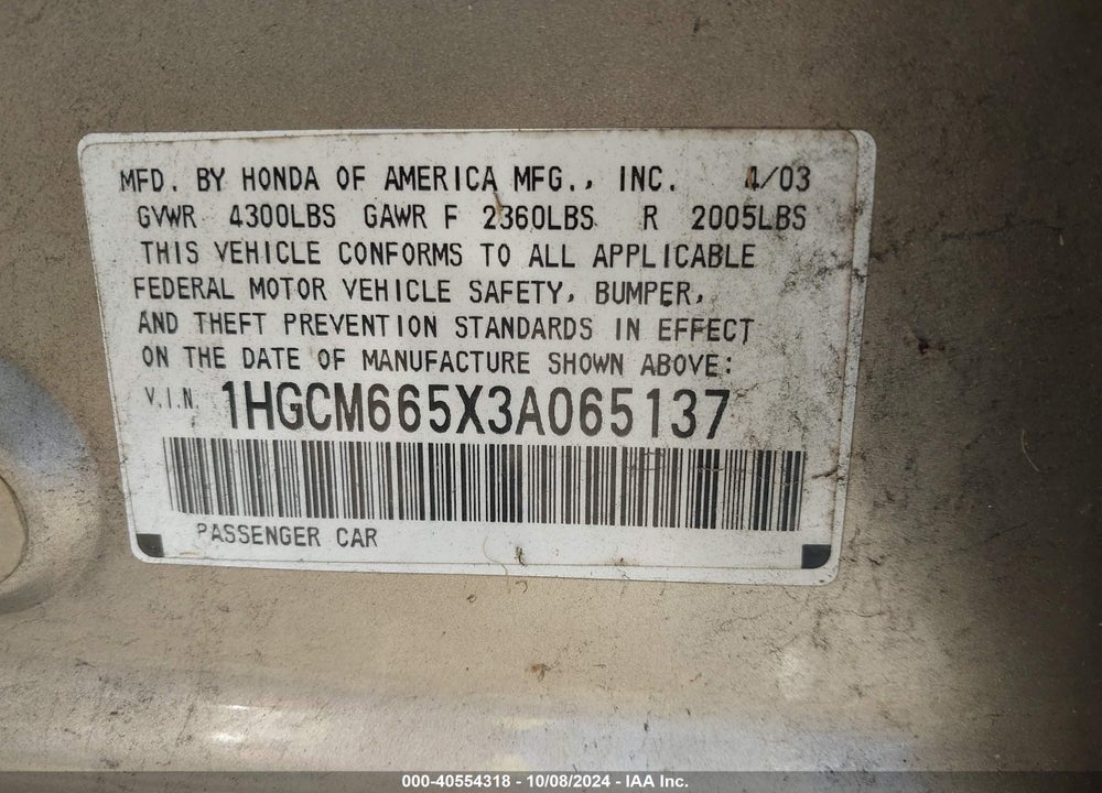 2003 HONDA ACCORD 3.0 EX VIN: 1HGCM665X3A065137