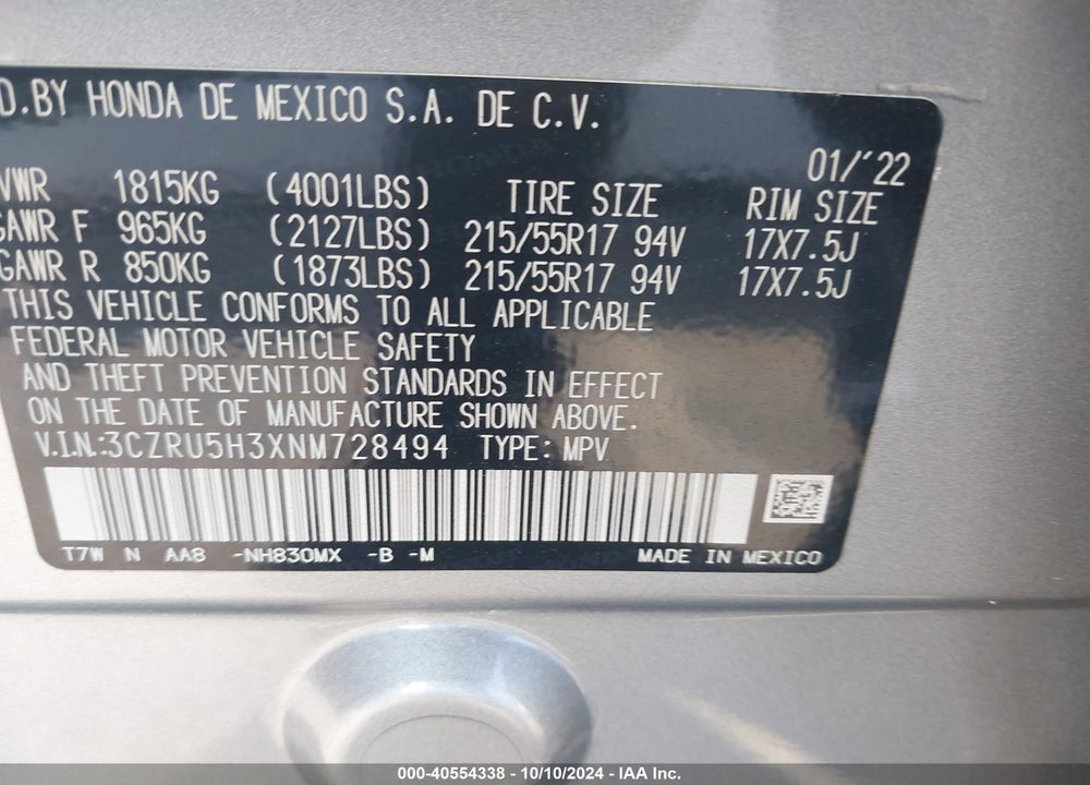 2022 HONDA HR-V 2WD LX VIN: 3CZRU5H3XNM728494