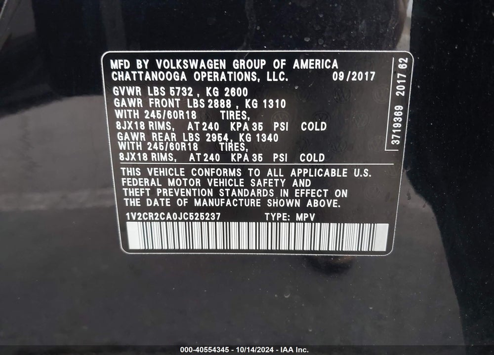 2018 VOLKSWAGEN ATLAS 3.6L V6 SE VIN: 1V2CR2CA0JC525237
