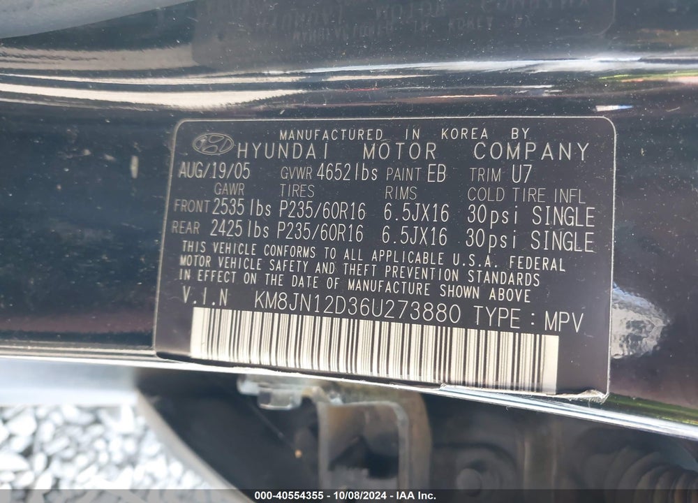 2006 HYUNDAI TUCSON GLS/LIMITED VIN: KM8JN12D36U273880