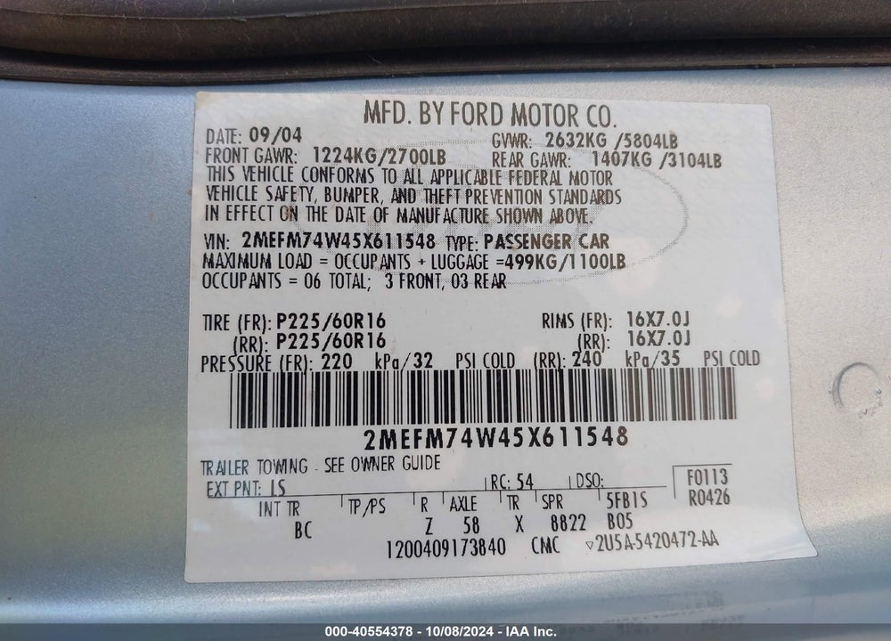 2005 MERCURY GRAND MARQUIS GS VIN: 2MEFM74W45X611548