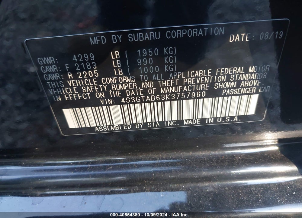 2019 SUBARU IMPREZA 2.0I VIN: 4S3GTAB63K3757960