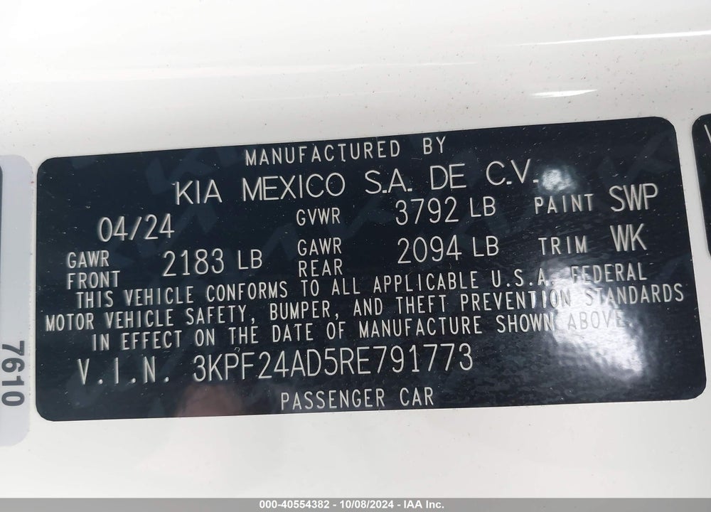 2024 KIA FORTE LXS VIN: 3KPF24AD5RE791773