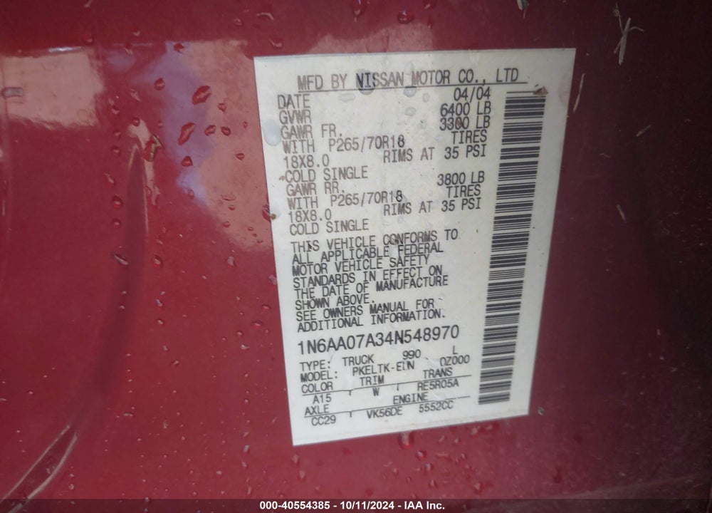 2004 NISSAN TITAN SE VIN: 1N6AA07A34N548970