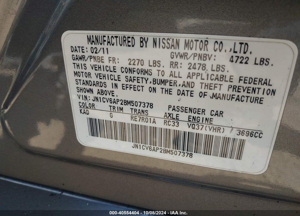 2011 INFINITI G37 JOURNEY VIN: JN1CV6AP2BM507378