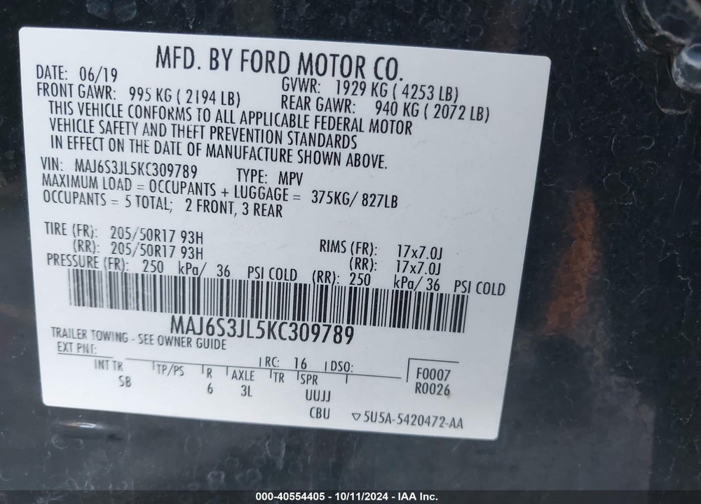 2019 FORD ECOSPORT SES VIN: MAJ6S3JL5KC309789
