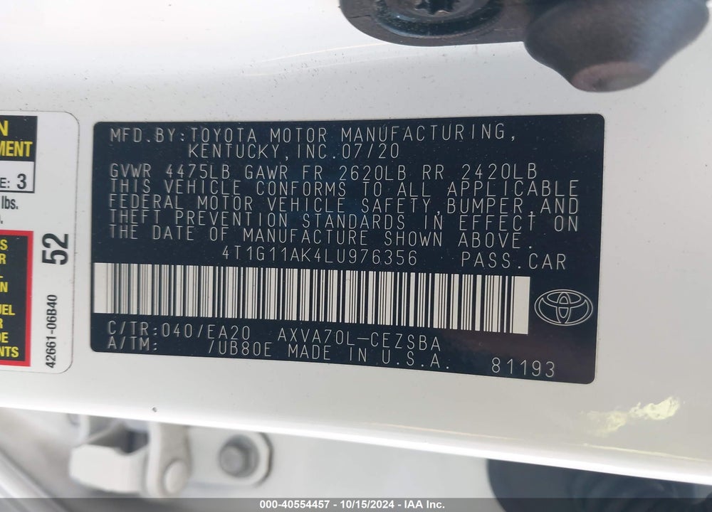 2020 TOYOTA CAMRY SE VIN: 4T1G11AK4LU976356
