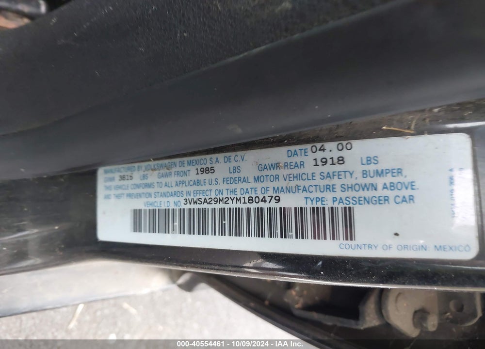 2000 VOLKSWAGEN JETTA GLS VIN: 3VWSA29M2YM180479