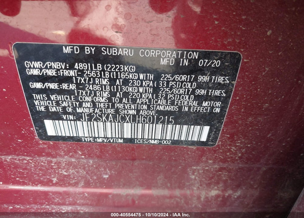 2020 SUBARU FORESTER PREMIUM VIN: JF2SKAJCXLH601215