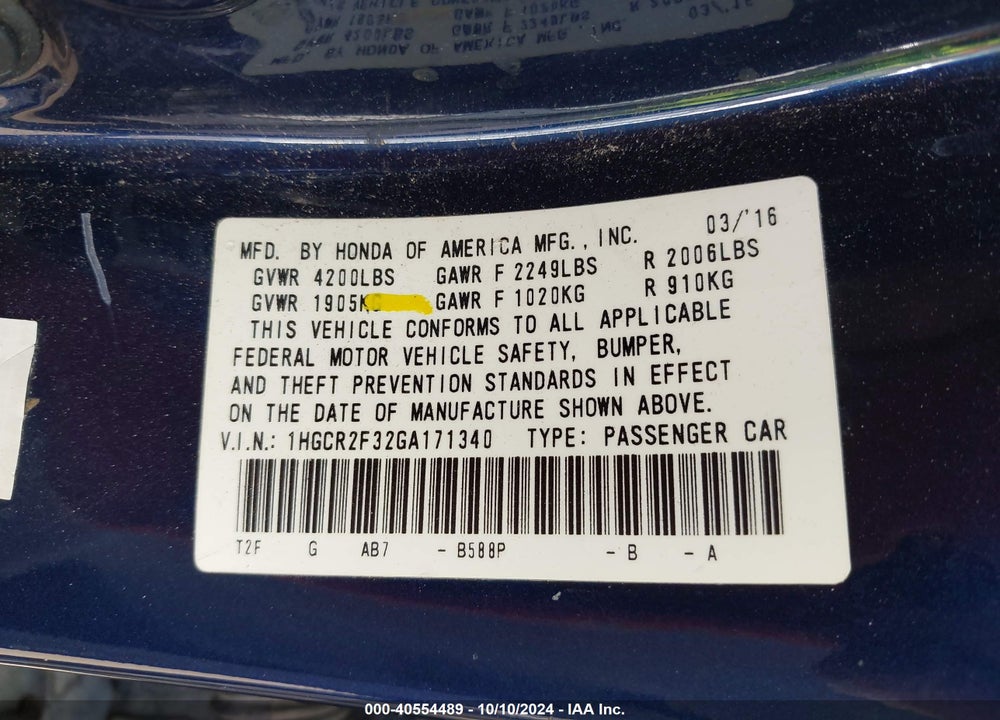 2016 HONDA ACCORD LX VIN: 1HGCR2F32GA171340