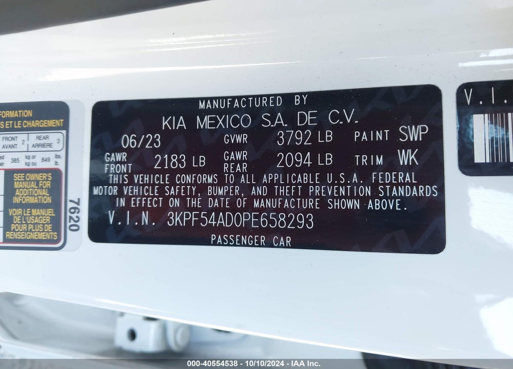 2023 KIA FORTE GT LINE VIN: 3KPF54AD0PE658293