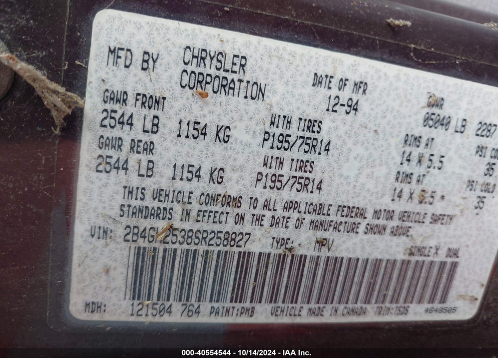 1995 DODGE CARAVAN VIN: 2B4GH2538SR258827