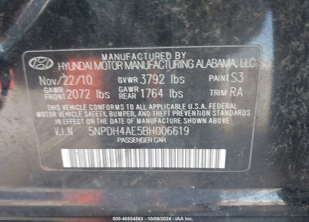 2011 HYUNDAI ELANTRA GLS VIN: 5NPDH4AE5BH006619
