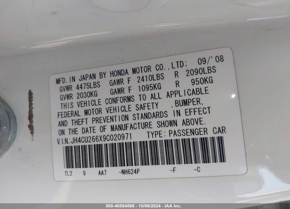 2009 ACURA TSX VIN: JH4CU266X9C020971