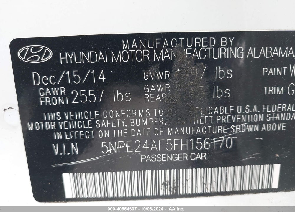 2015 HYUNDAI SONATA SE VIN: 5NPE24AF5FH156170