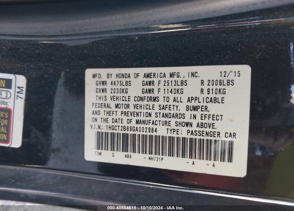 2016 HONDA ACCORD EX-L V-6 VIN: 1HGCT2B89GA002984