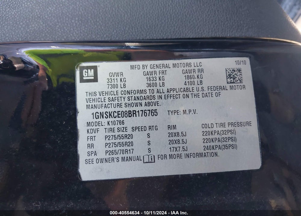 2011 CHEVROLET TAHOE LTZ VIN: 1GNSKCE08BR176765