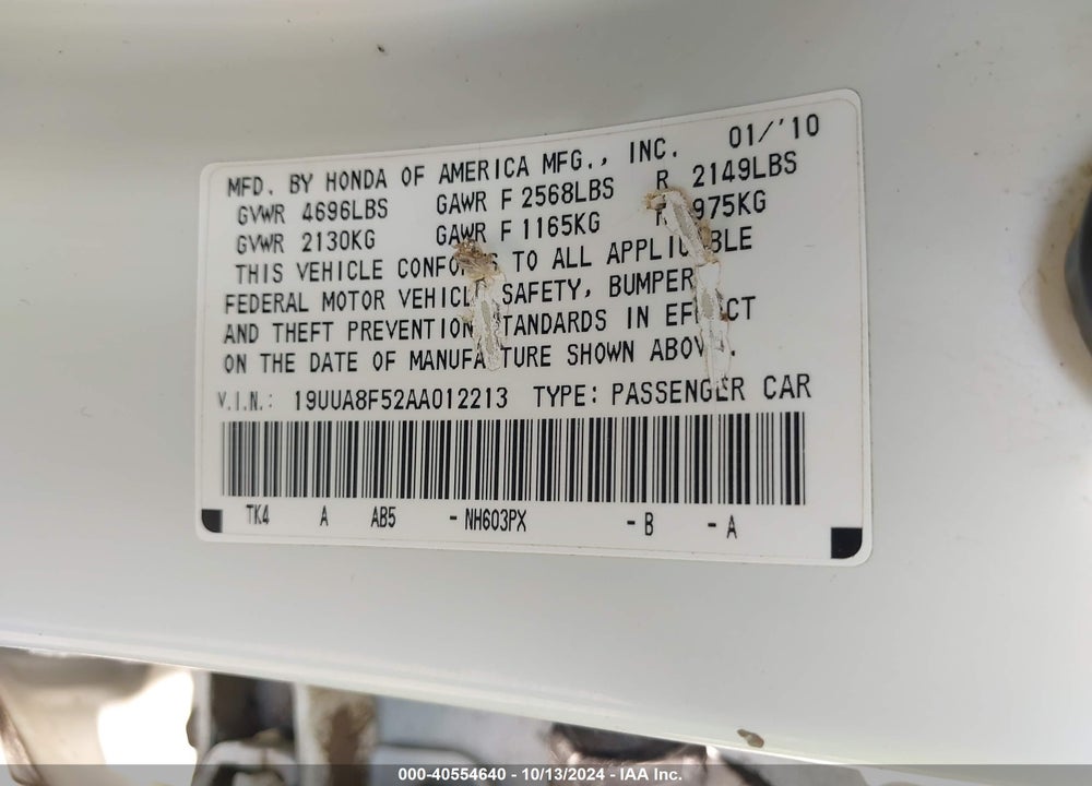2010 ACURA TL 3.5 VIN: 19UUA8F52AA012213