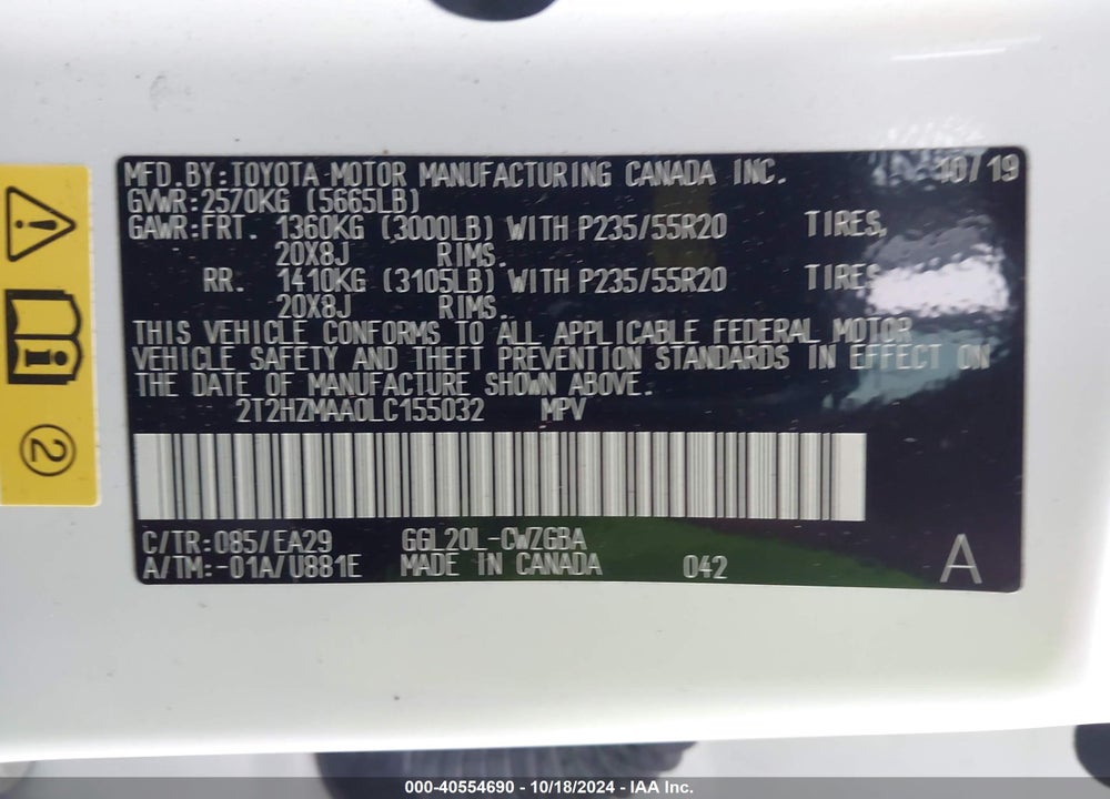 2020 LEXUS RX 350 VIN: 2T2HZMAA0LC155032