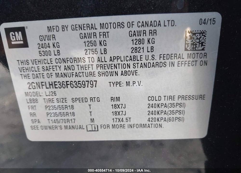 2015 CHEVROLET EQUINOX LTZ VIN: 2GNFLHE36F6359797