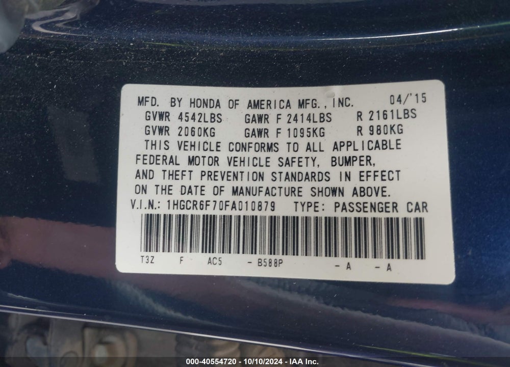 2015 HONDA ACCORD HYBRID TOURING VIN: 1HGCR6F70FA010879