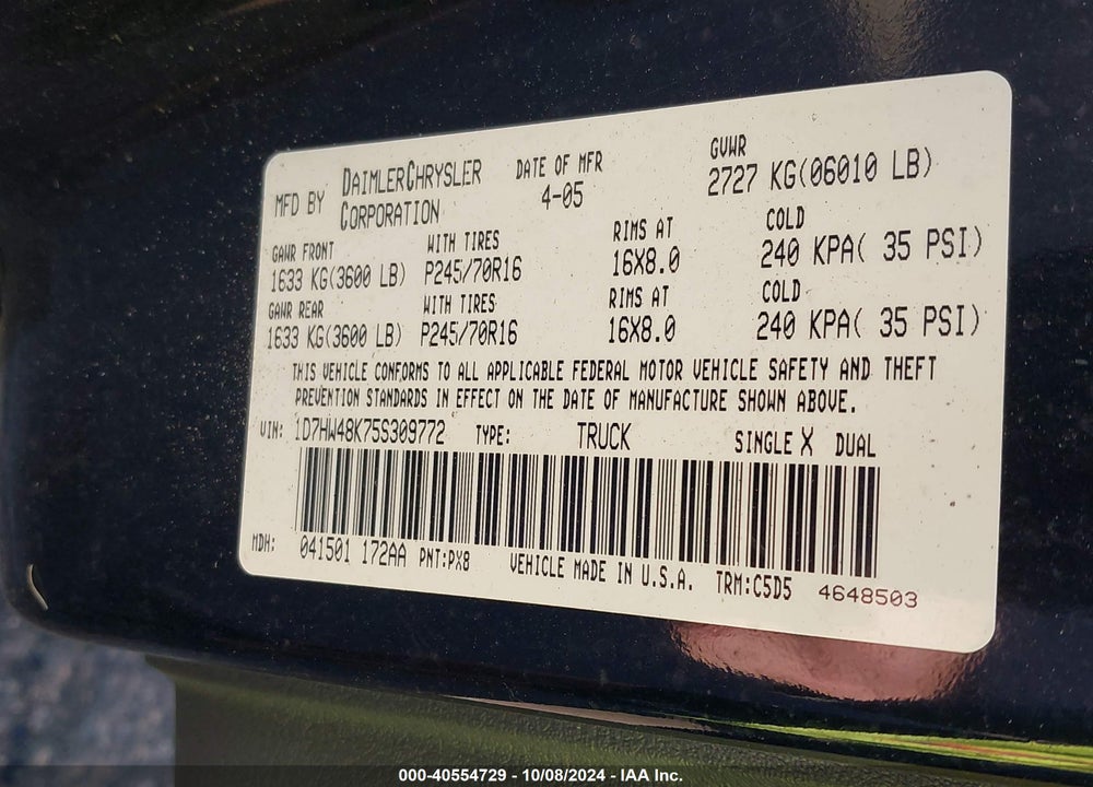 2005 DODGE DAKOTA SLT VIN: 1D7HW48K75S309772