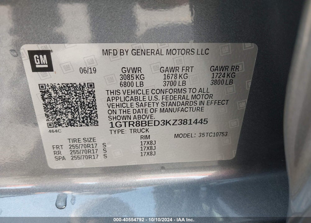 2019 GMC SIERRA 1500 SLE VIN: 1GTR8BED3KZ381445