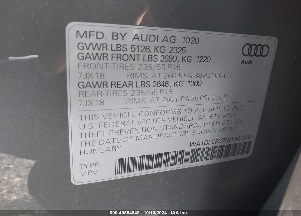 2021 AUDI Q3 PREMIUM 45 TFSI S LINE QUATTRO TIPTRONIC VIN: WA1DECF37M1041337
