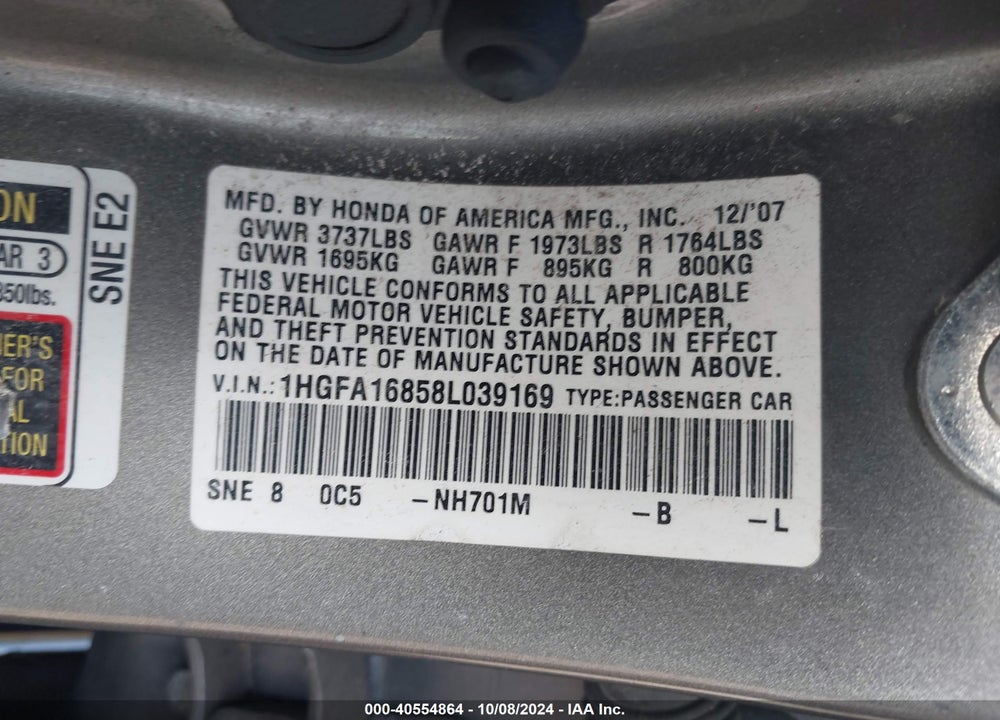 2008 HONDA CIVIC EX VIN: 1HGFA16858L039169