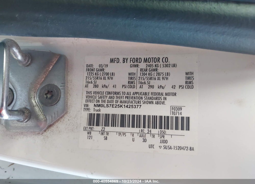 2019 FORD TRANSIT CONNECT XL VIN: NM0LS7E25K1425377