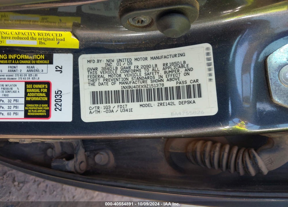 2009 TOYOTA COROLLA S VIN: 1NXBU40EX9Z151378
