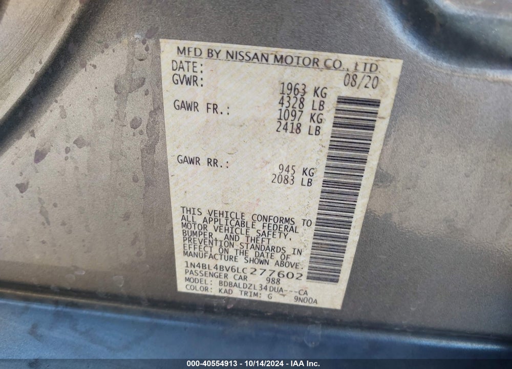 2020 NISSAN ALTIMA S FWD VIN: 1N4BL4BV6LC277602