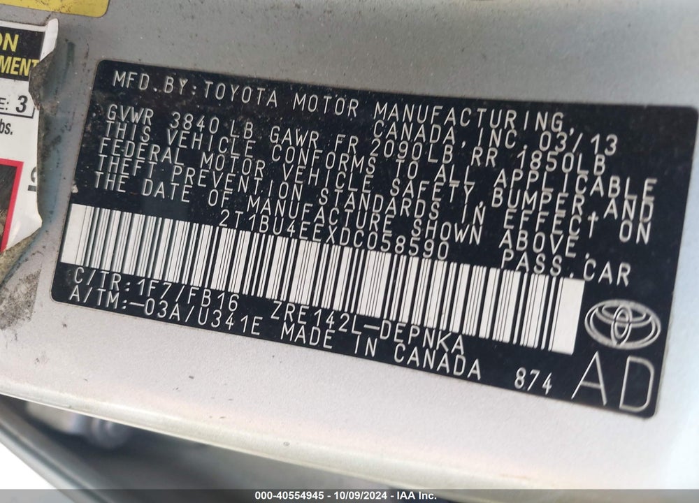 2013 TOYOTA COROLLA LE VIN: 2T1BU4EEXDC058590