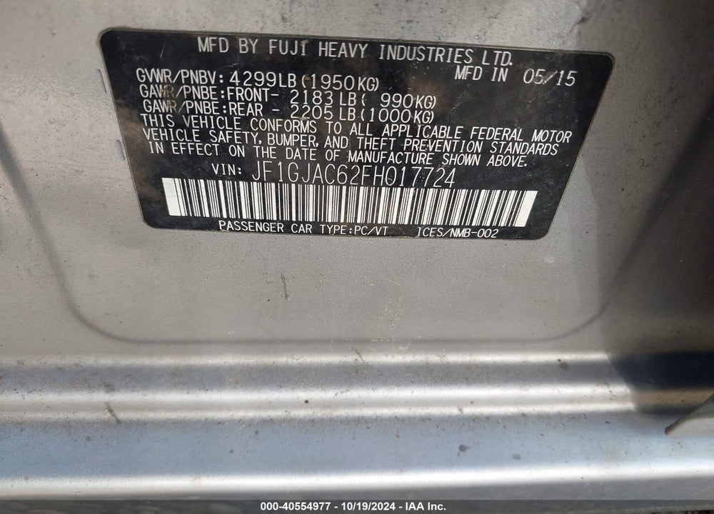 2015 SUBARU IMPREZA 2.0I PREMIUM VIN: JF1GJAC62FH017724