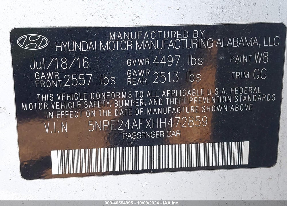 2017 HYUNDAI SONATA VIN: 5NPE24AFXHH472859