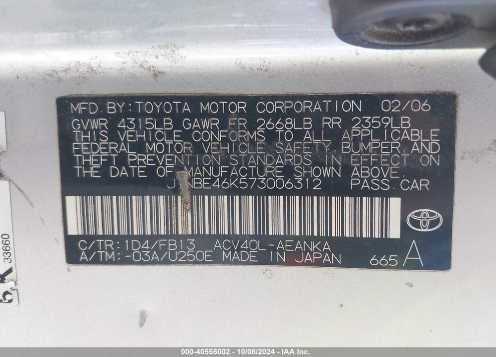 2007 TOYOTA CAMRY CE VIN: JTNBE46K573006312