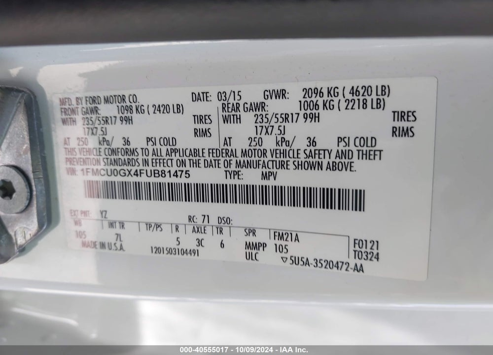 2015 FORD ESCAPE SE VIN: 1FMCU0GX4FUB81475