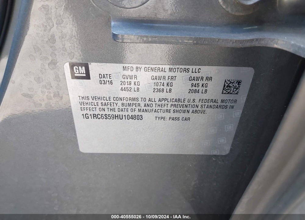 2017 CHEVROLET VOLT LT VIN: 1G1RC6S59HU104803