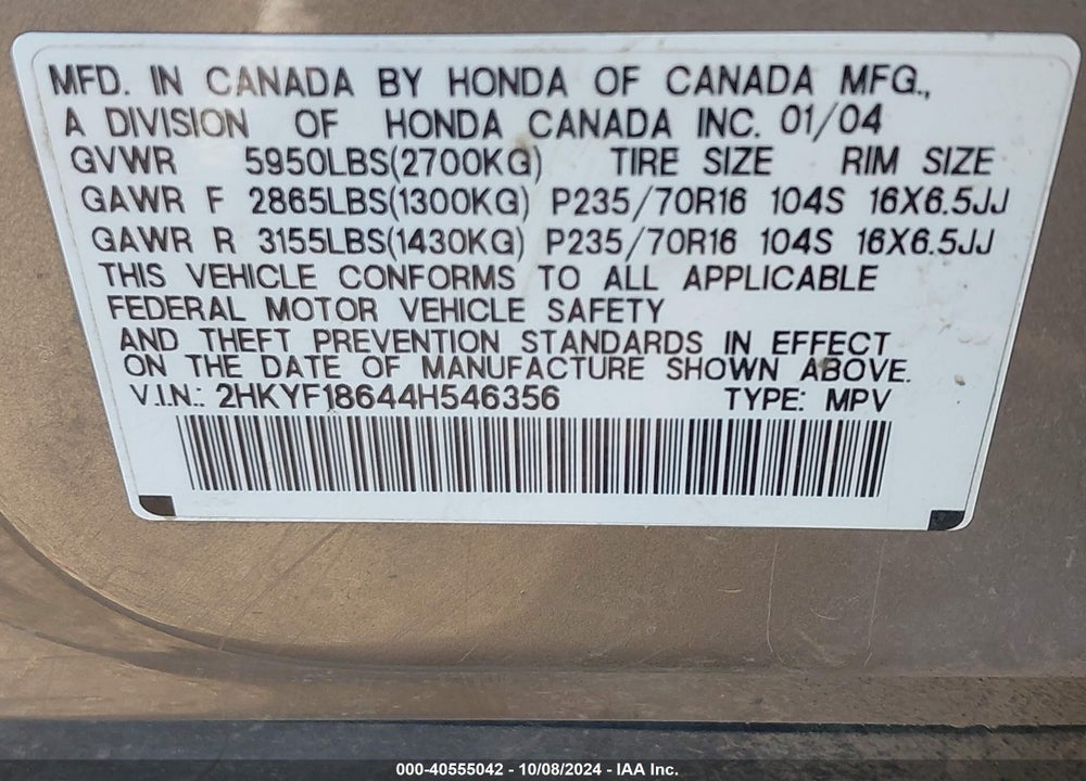 2004 HONDA PILOT EX-L VIN: 2HKYF18644H546356