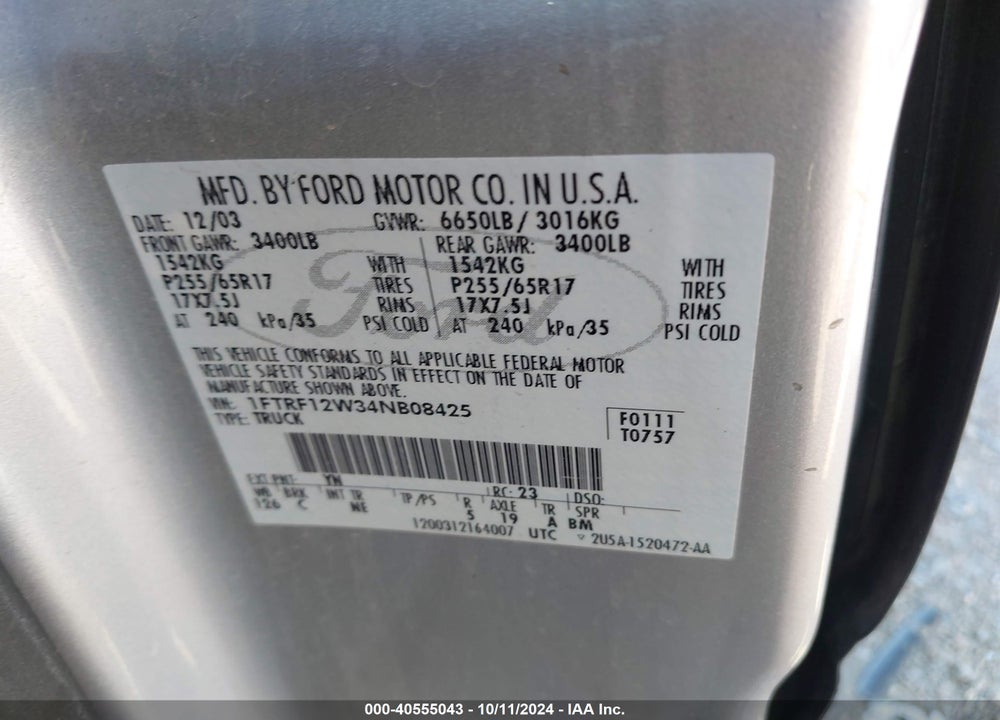 2004 FORD F-150 STX/XL/XLT VIN: 1FTRF12W34NB08425