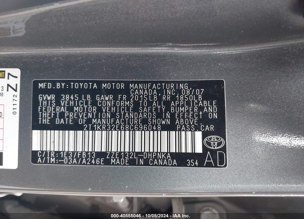 2008 TOYOTA MATRIX/XR VIN: 2T1KR32E68C696048
