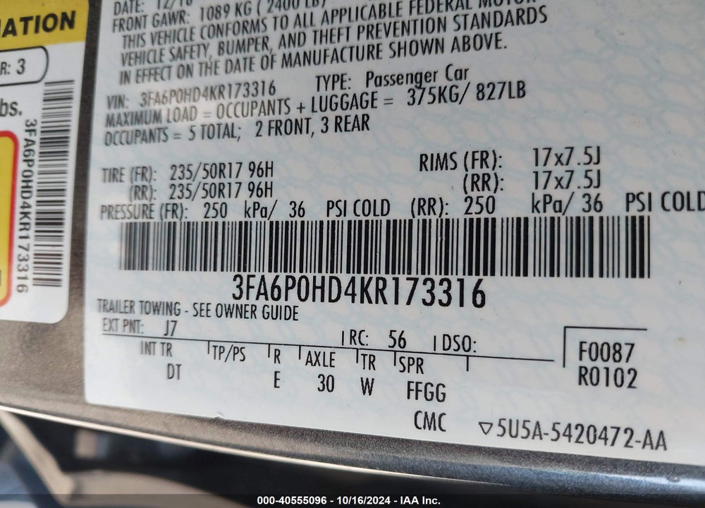 2019 FORD FUSION SE VIN: 3FA6P0HD4KR173316